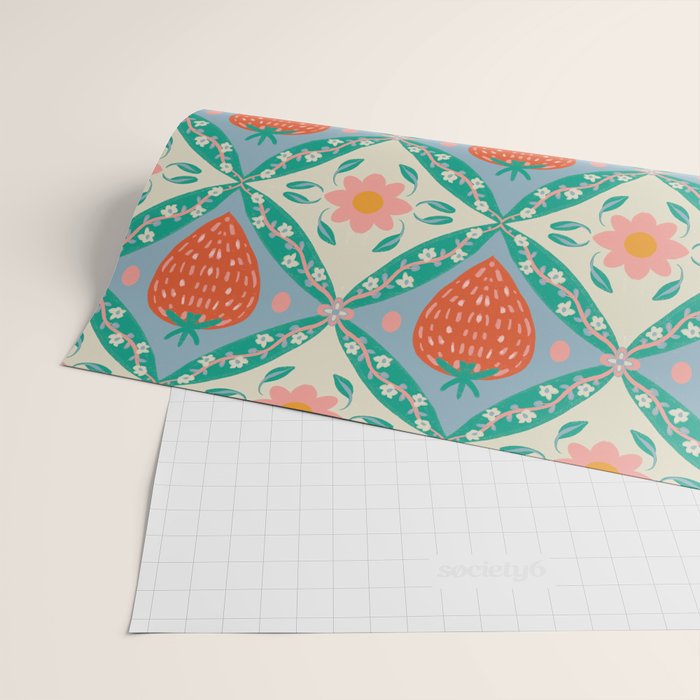 Playful Strawberry and Floral Geometric Pattern Wrapping Paper Gallery Image 2