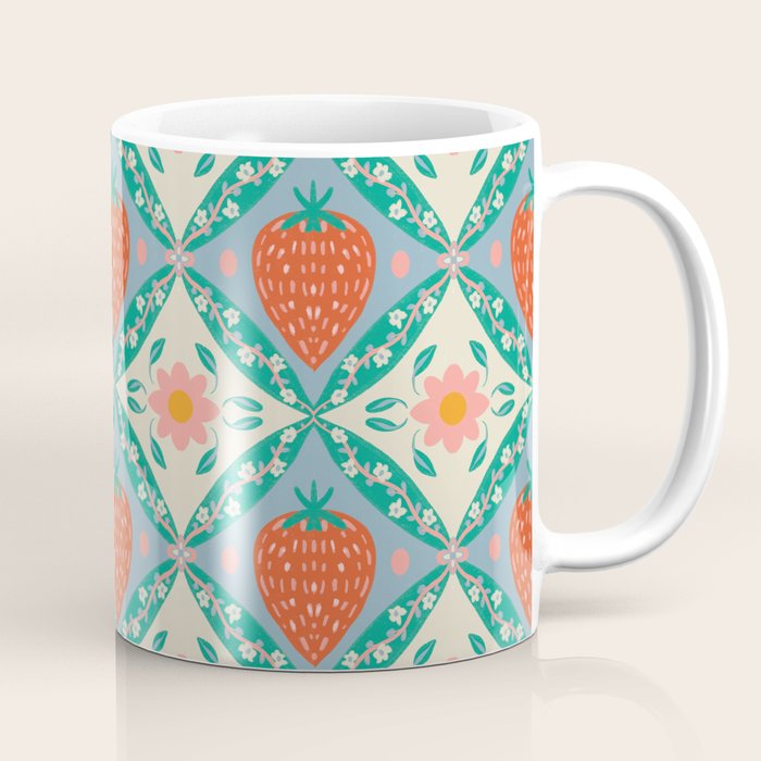 Playful Strawberry and Floral Geometric Pattern Coffee Mug Gallery Image 1