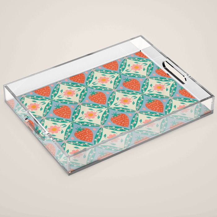 Playful Strawberry and Floral Geometric Pattern Acrylic Tray Gallery Image 1