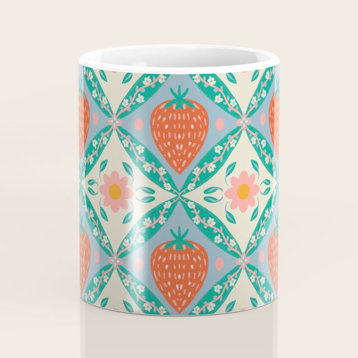 Playful Strawberry and Floral Geometric Pattern Coffee Mug Gallery Image 4