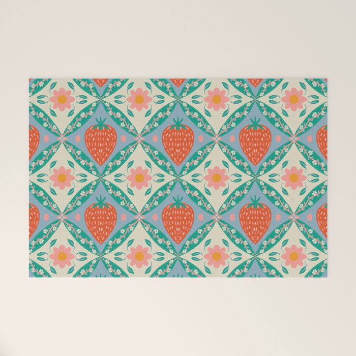 Playful Strawberry and Floral Geometric Pattern Welcome Mat Gallery Image 1