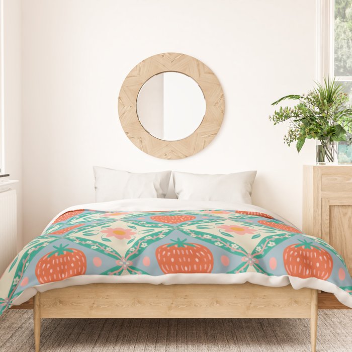 Playful Strawberry and Floral Geometric Pattern Duvet Cover Gallery Image 3
