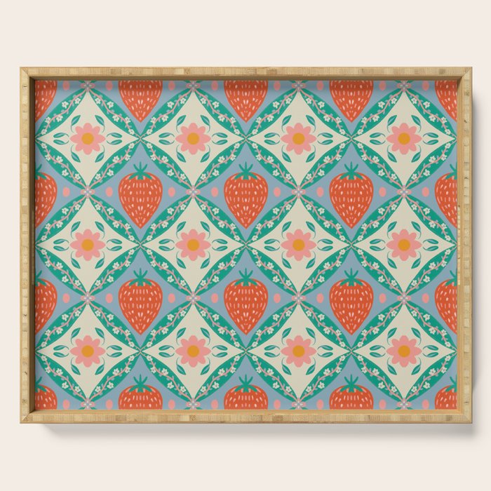 Playful Strawberry and Floral Geometric Pattern Serving Tray Gallery Image 1