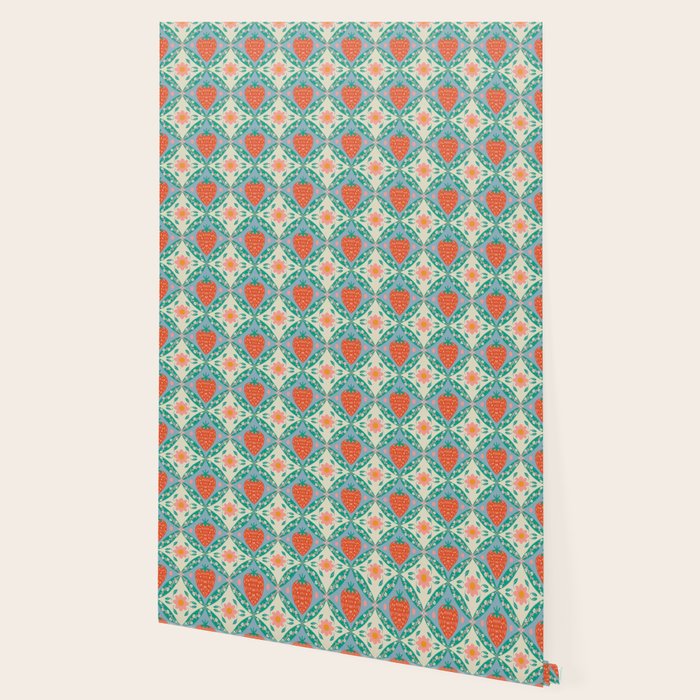 Playful Strawberry and Floral Geometric Pattern Wallpaper Gallery Image 2