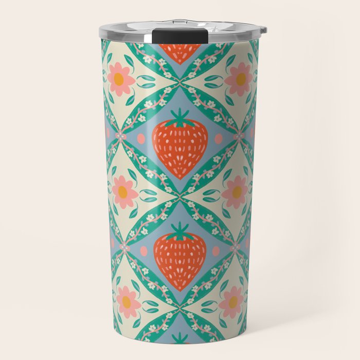 Playful Strawberry and Floral Geometric Pattern Travel Mug Gallery Image 1