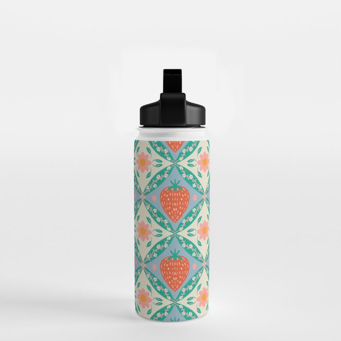 Playful Strawberry and Floral Geometric Pattern Water Bottle Gallery Image 2