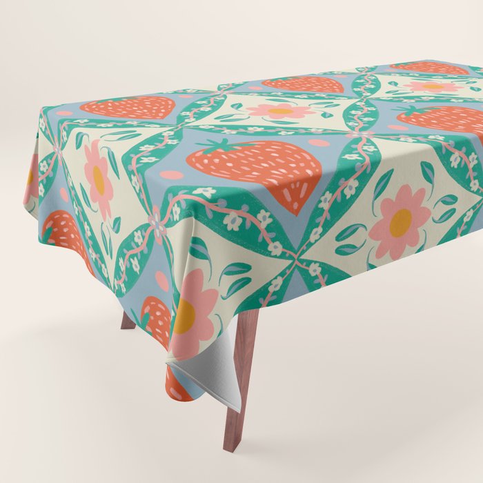 Playful Strawberry and Floral Geometric Pattern Tablecloth Gallery Image 1