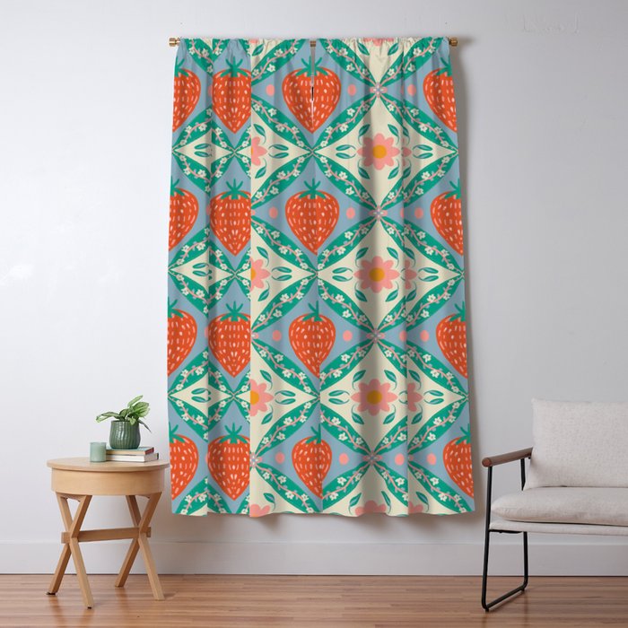 Playful Strawberry and Floral Geometric Pattern Window Curtain Gallery Image 5