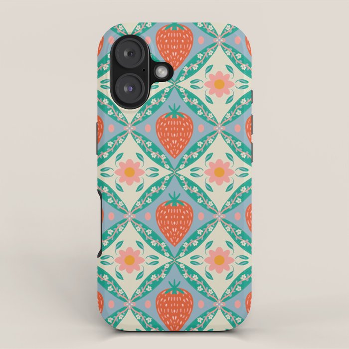 Playful Strawberry and Floral Geometric Pattern iPhone Case Gallery Image 1