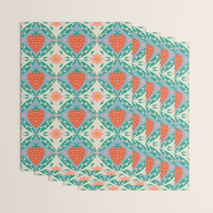 Playful Strawberry and Floral Geometric Pattern Wrapping Paper Gallery Image 3