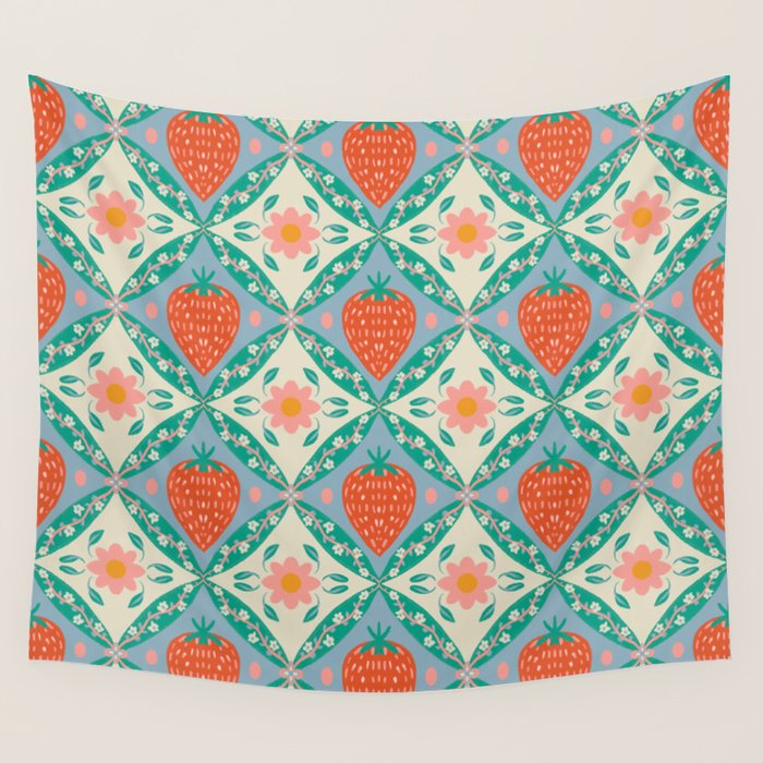 Playful Strawberry and Floral Geometric Pattern Wall Tapestry Gallery Image 4
