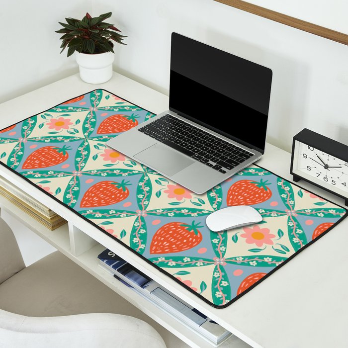 Playful Strawberry and Floral Geometric Pattern Desk Mat Gallery Image 2