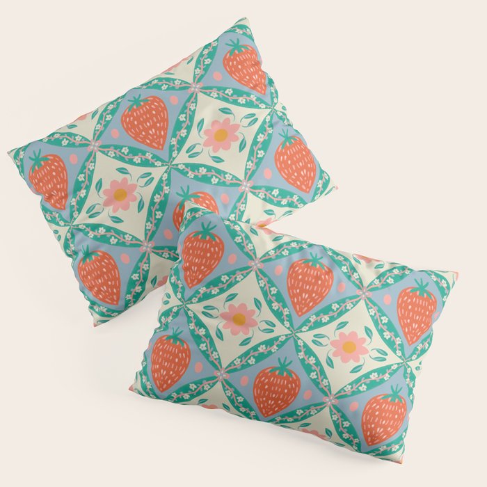 Playful Strawberry and Floral Geometric Pattern Pillow Sham Gallery Image 1