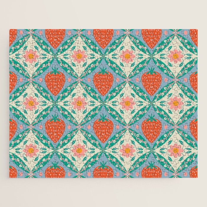 Playful Strawberry and Floral Geometric Pattern Jigsaw Puzzle Gallery Image 1
