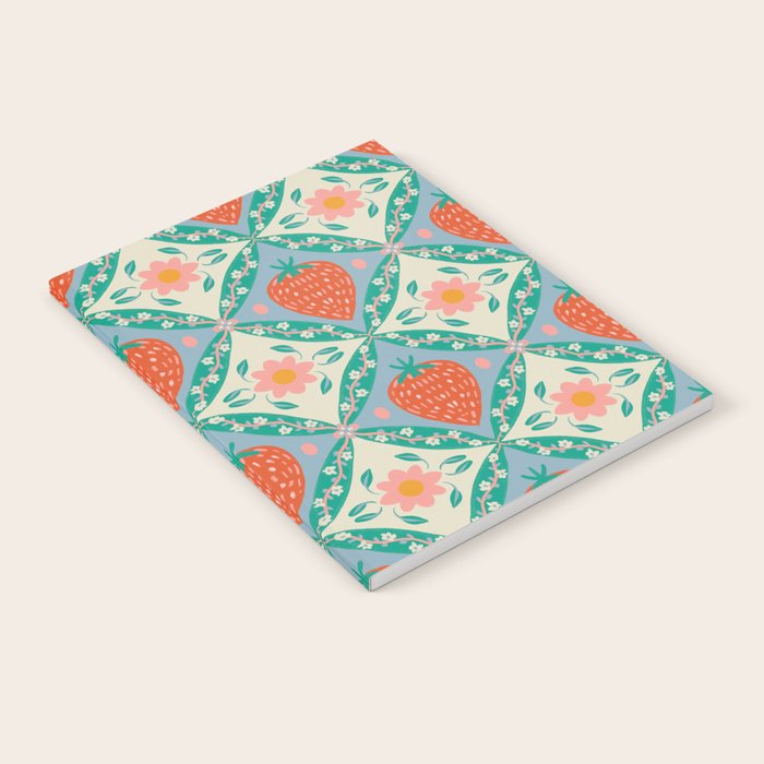 Playful Strawberry and Floral Geometric Pattern Notebook Gallery Image 2