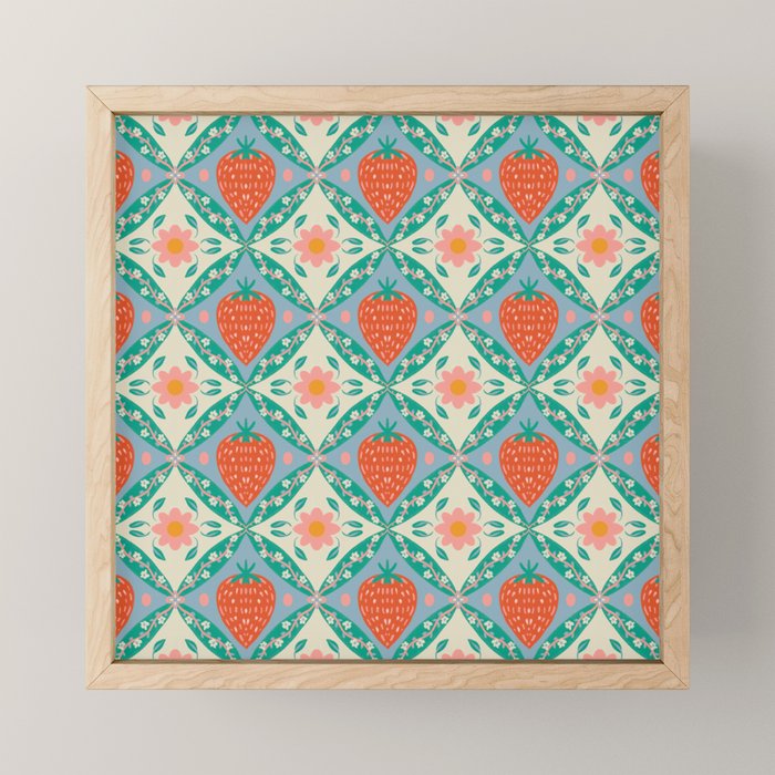 Playful Strawberry and Floral Geometric Pattern Mini Art Print Gallery Image 1