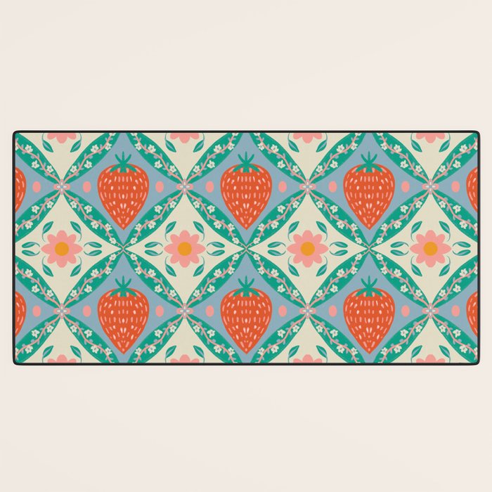 Playful Strawberry and Floral Geometric Pattern Desk Mat Gallery Image 3