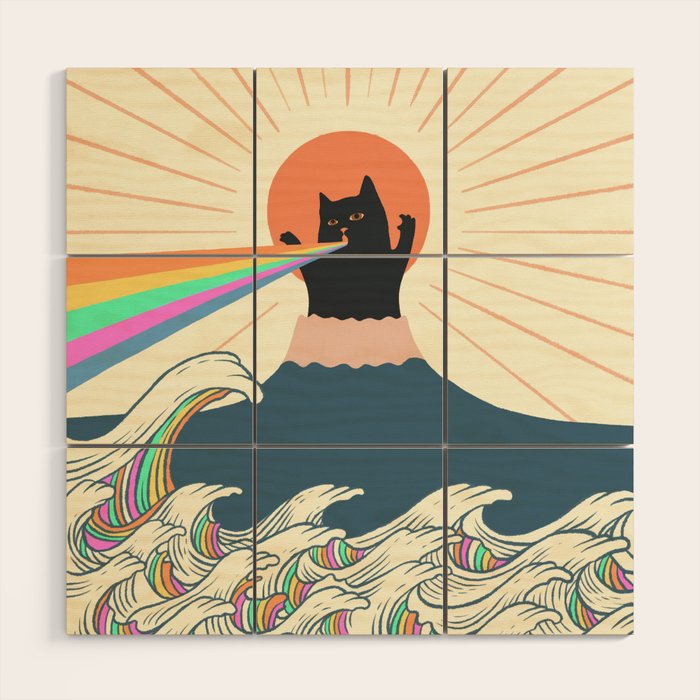 Meowtain cat 5 rainbow wave catzilla  Wood Wall Art Gallery Image 1