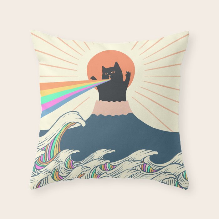 Meowtain cat 5 rainbow wave catzilla  Throw Pillow Gallery Image 6