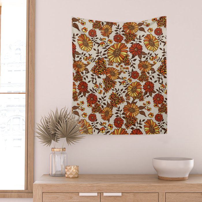 Retro 70s boho hippie orange flower power Wall Tapestry Gallery Image 2