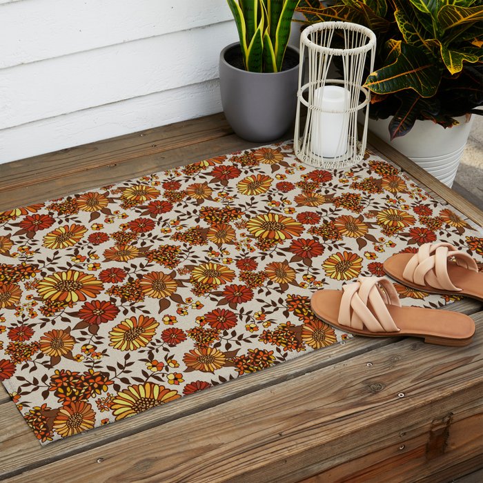 Retro 70s boho hippie orange flower power Outdoor Rug Gallery Image 2