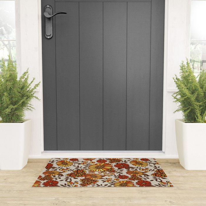 Retro 70s boho hippie orange flower power Welcome Mat Gallery Image 3