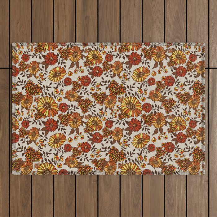 Retro 70s boho hippie orange flower power Outdoor Rug Gallery Image 1