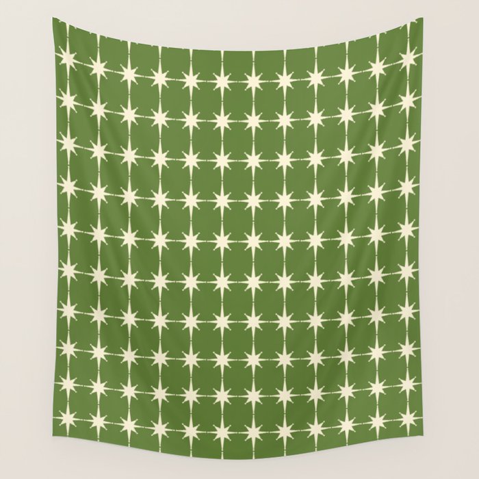 Mid Century Modern Atomic Starburst Grid Retro Christmas Olive Green and Cream Wall Tapestry Gallery Image 1