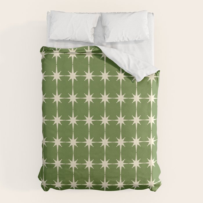 Mid Century Modern Atomic Starburst Grid Retro Christmas Olive Green and Cream Duvet Cover Gallery Image 1