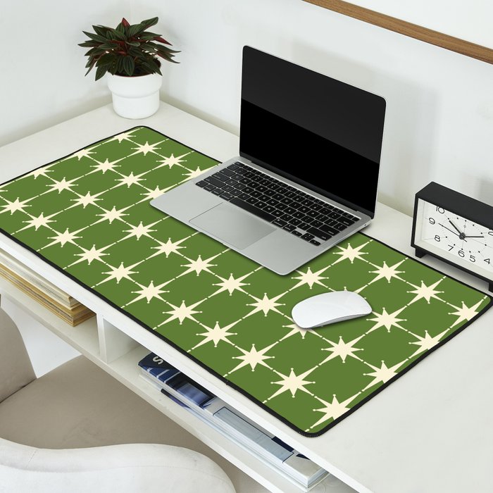Mid Century Modern Atomic Starburst Grid Retro Christmas Olive Green and Cream Desk Mat Gallery Image 2