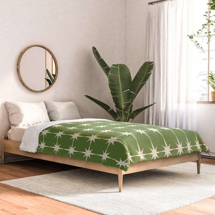 Mid Century Modern Atomic Starburst Grid Retro Christmas Olive Green and Cream Comforter Gallery Image 2