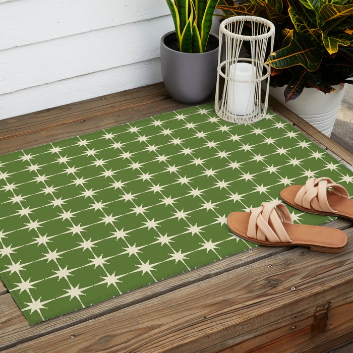 Mid Century Modern Atomic Starburst Grid Retro Christmas Olive Green and Cream Outdoor Rug Gallery Image 2