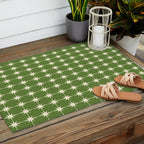 Mid Century Modern Atomic Starburst Grid Retro Christmas Olive Green and Cream Outdoor Rug Gallery Image 2
