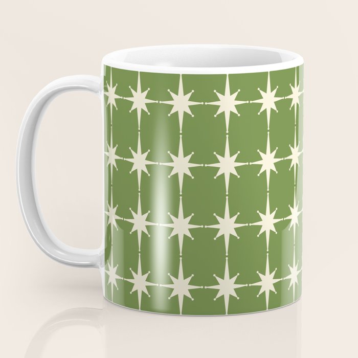 Mid Century Modern Atomic Starburst Grid Retro Christmas Olive Green and Cream Coffee Mug Gallery Image 3