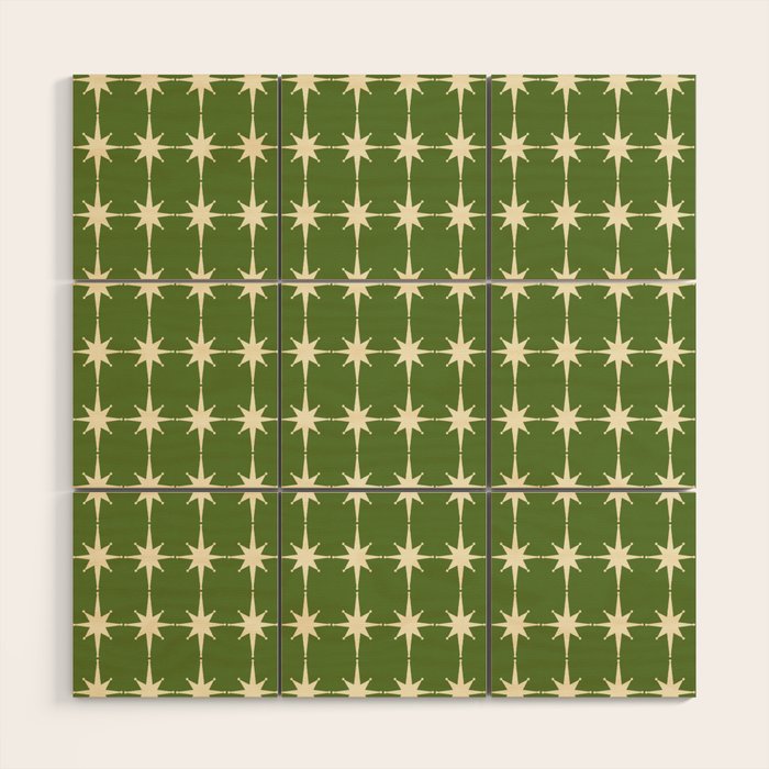 Mid Century Modern Atomic Starburst Grid Retro Christmas Olive Green and Cream Wood Wall Art Gallery Image 1