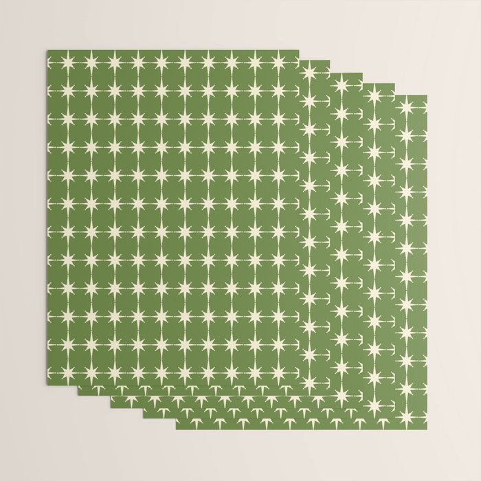 Mid Century Modern Atomic Starburst Grid Retro Christmas Olive Green and Cream Wrapping Paper Gallery Image 3
