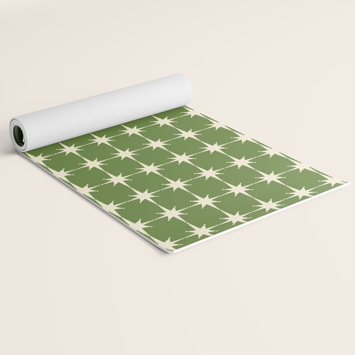 Mid Century Modern Atomic Starburst Grid Retro Christmas Olive Green and Cream Yoga Mat Gallery Image 2