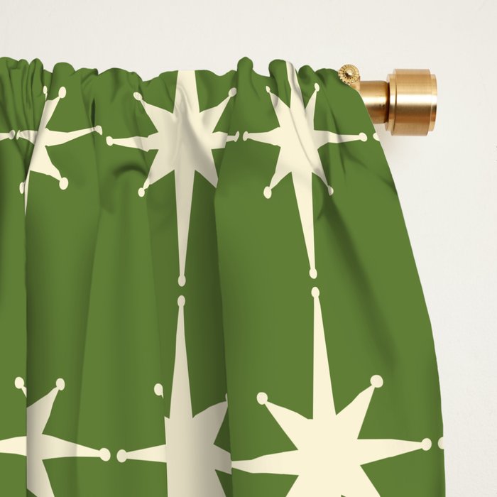 Mid Century Modern Atomic Starburst Grid Retro Christmas Olive Green and Cream Window Curtain Gallery Image 2