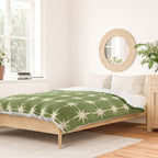Mid Century Modern Atomic Starburst Grid Retro Christmas Olive Green and Cream Duvet Cover Gallery Image 2