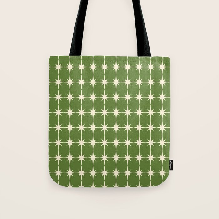 Mid Century Modern Atomic Starburst Grid Retro Christmas Olive Green and Cream Tote Bag Gallery Image 1