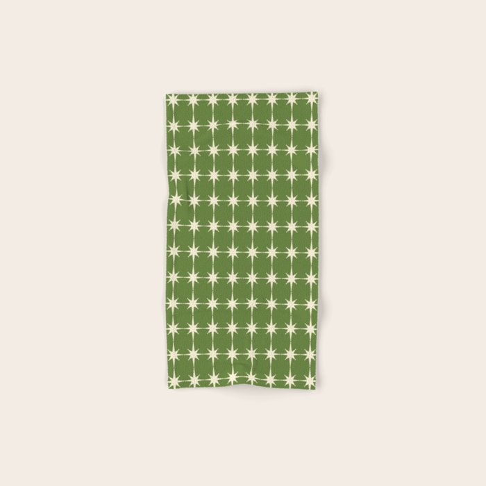 Mid Century Modern Atomic Starburst Grid Retro Christmas Olive Green and Cream Bath Towel Gallery Image 1