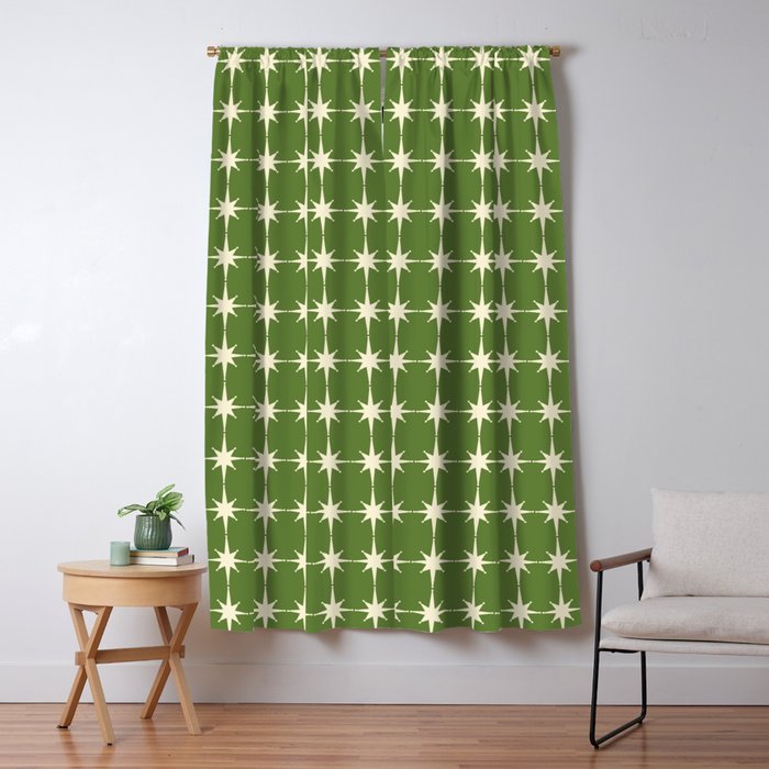 Mid Century Modern Atomic Starburst Grid Retro Christmas Olive Green and Cream Window Curtain Gallery Image 1