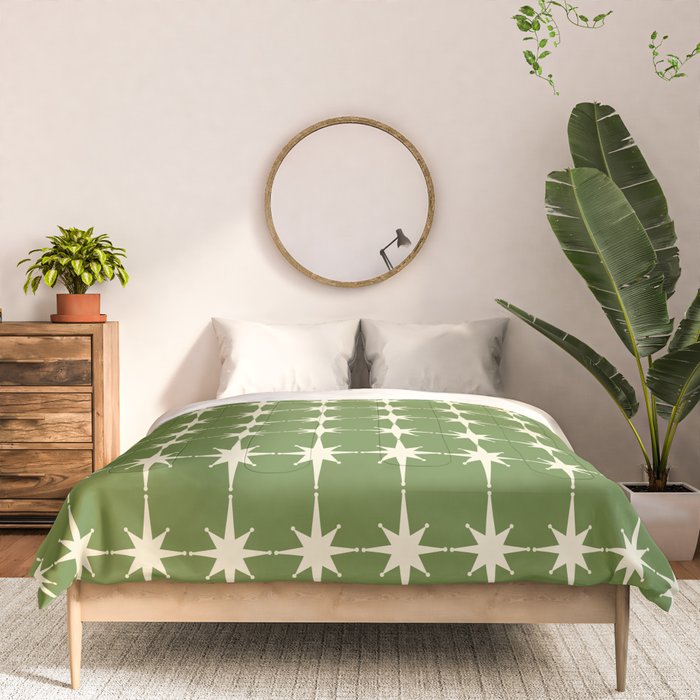 Mid Century Modern Atomic Starburst Grid Retro Christmas Olive Green and Cream Comforter Gallery Image 3