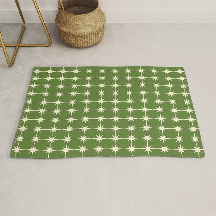 Mid Century Modern Atomic Starburst Grid Retro Christmas Olive Green and Cream Rug Gallery Image 1