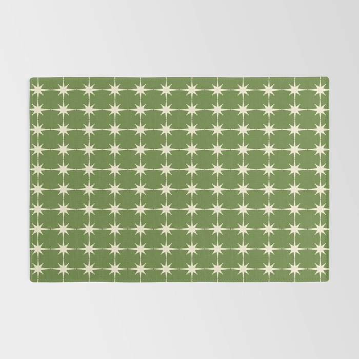 Mid Century Modern Atomic Starburst Grid Retro Christmas Olive Green and Cream Rug Gallery Image 2