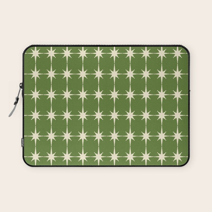 Mid Century Modern Atomic Starburst Grid Retro Christmas Olive Green and Cream Laptop Sleeve Gallery Image 1