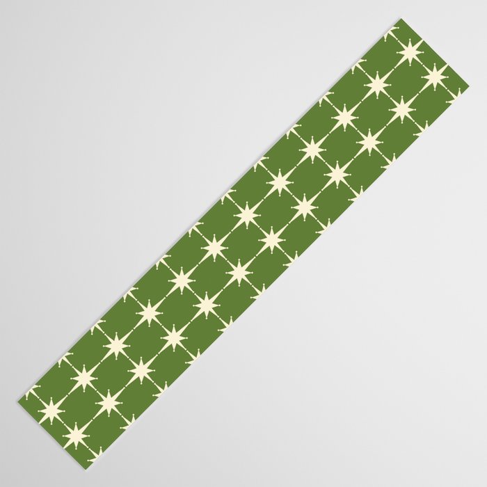 Mid Century Modern Atomic Starburst Grid Retro Christmas Olive Green and Cream Table Runner Gallery Image 3