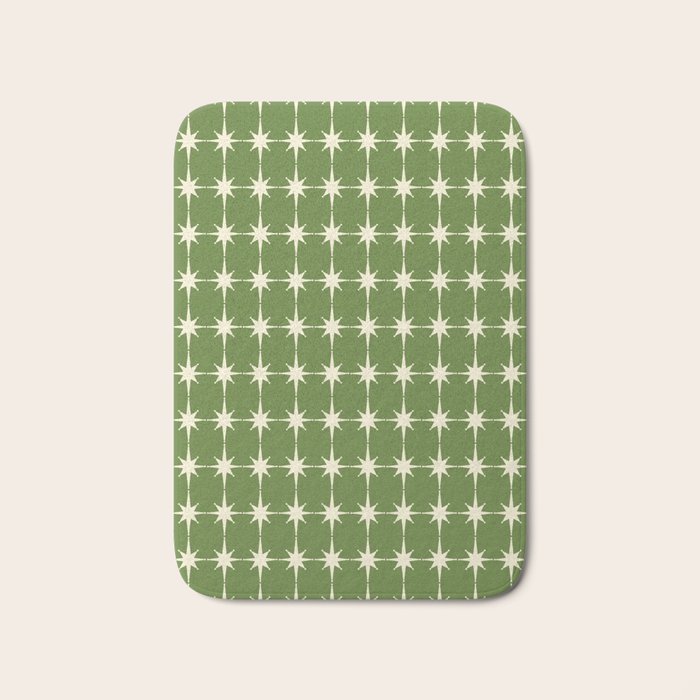 Mid Century Modern Atomic Starburst Grid Retro Christmas Olive Green and Cream Bath Mat Gallery Image 1