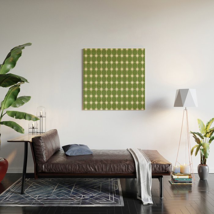 Mid Century Modern Atomic Starburst Grid Retro Christmas Olive Green and Cream Wood Wall Art Gallery Image 2