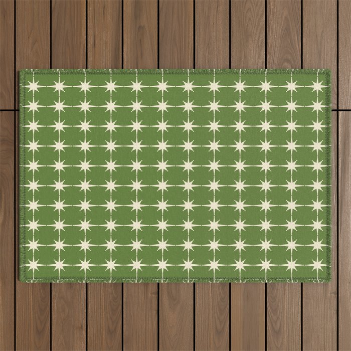 Mid Century Modern Atomic Starburst Grid Retro Christmas Olive Green and Cream Outdoor Rug Gallery Image 1